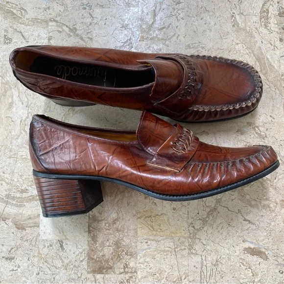 Vintage Brown Leather Slip On Penny Loafers Block Heel Size 8.5 M/W - Picture 1 of 12